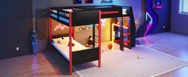 English Elm L-Shaped Twin Bunk Bed with Gaming Loft Built-In Desk LED Strip and Shelves N7090005018B