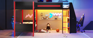 English Elm L-Shaped Twin Bunk Bed with Gaming Loft Built-In Desk LED Strip and Shelves N7090005018B