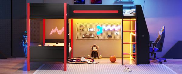 English Elm L-Shaped Twin Bunk Bed with Gaming Loft Built-In Desk LED Strip and Shelves N7090005018B