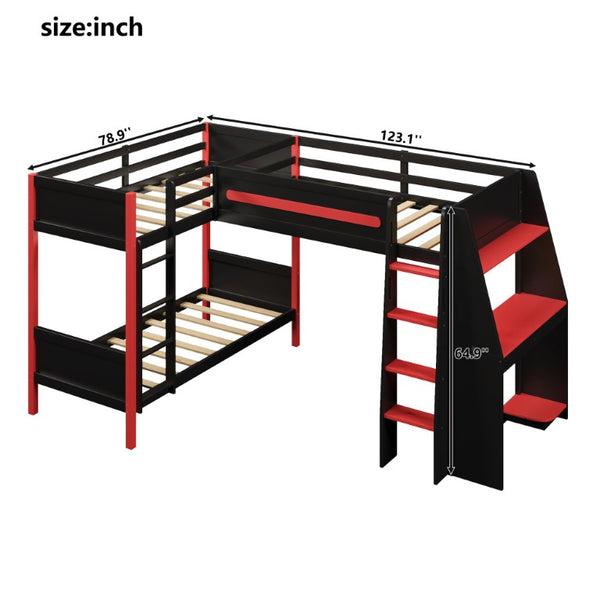 English Elm L-Shaped Twin Bunk Bed with Gaming Loft Built-In Desk LED Strip and Shelves N7090005018B