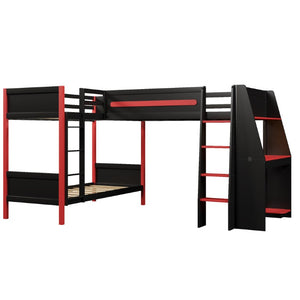 English Elm L-Shaped Twin Bunk Bed with Gaming Loft Built-In Desk LED Strip and Shelves N7090005018B