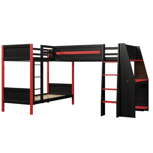 English Elm L-Shaped Twin Bunk Bed with Gaming Loft Built-In Desk LED Strip and Shelves N7090005018B