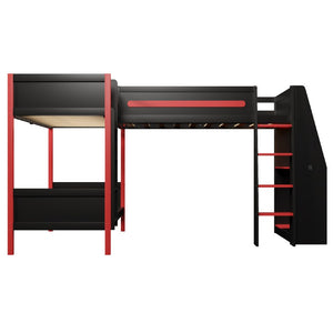 English Elm L-Shaped Twin Bunk Bed with Gaming Loft Built-In Desk LED Strip and Shelves N7090005018B