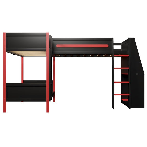 English Elm L-Shaped Twin Bunk Bed with Gaming Loft Built-In Desk LED Strip and Shelves N7090005018B