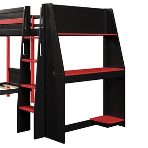 English Elm L-Shaped Twin Bunk Bed with Gaming Loft Built-In Desk LED Strip and Shelves N7090005018B
