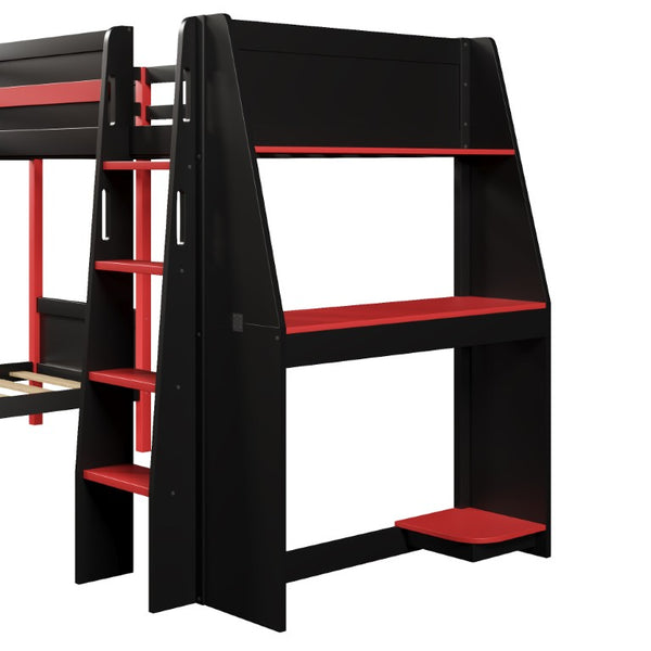 English Elm L-Shaped Twin Bunk Bed with Gaming Loft Built-In Desk LED Strip and Shelves N7090005018B