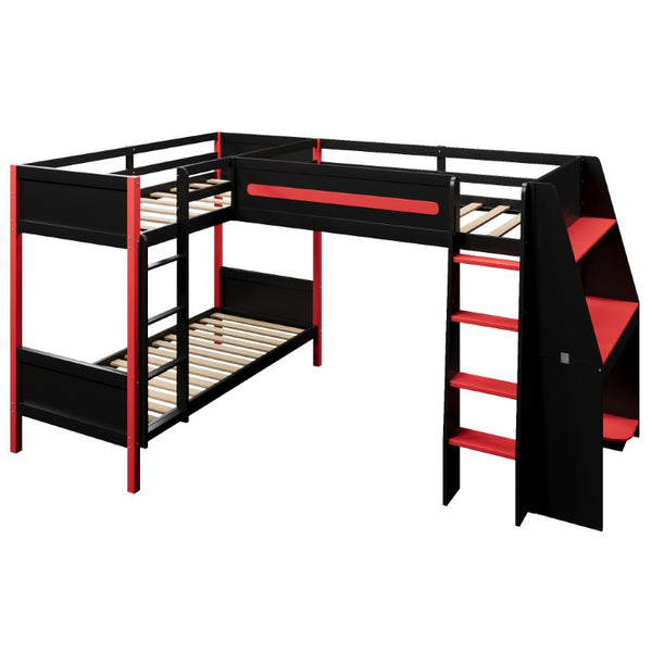 English Elm L-Shaped Twin Bunk Bed with Gaming Loft Built-In Desk LED Strip and Shelves N7090005018B