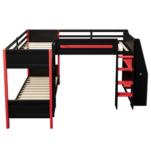 English Elm L-Shaped Twin Bunk Bed with Gaming Loft Built-In Desk LED Strip and Shelves N7090005018B