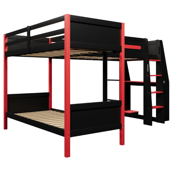 English Elm L-Shaped Twin Bunk Bed with Gaming Loft Built-In Desk LED Strip and Shelves N7090005018B
