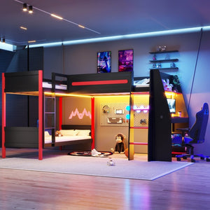 English Elm L-Shaped Twin Bunk Bed with Gaming Loft Built-In Desk LED Strip and Shelves N7090005018B