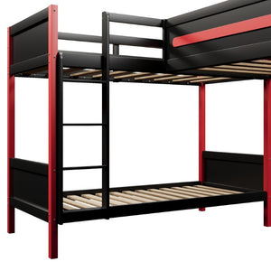 English Elm L-Shaped Twin Bunk Bed with Gaming Loft Built-In Desk LED Strip and Shelves N7090005018B