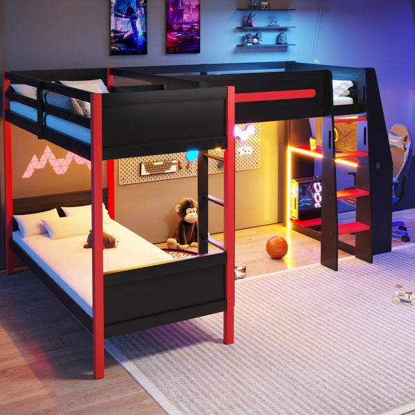 English Elm L-Shaped Twin Bunk Bed with Gaming Loft Built-In Desk LED Strip and Shelves N7090005018B
