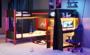 English Elm L-Shaped Twin Bunk Bed with Gaming Loft Built-In Desk LED Strip and Shelves N7090005018B