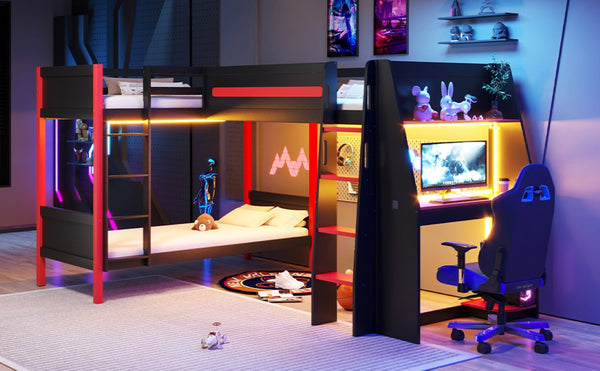 English Elm L-Shaped Twin Bunk Bed with Gaming Loft Built-In Desk LED Strip and Shelves N7090005018B