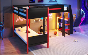 English Elm L-Shaped Twin Bunk Bed with Gaming Loft Built-In Desk LED Strip and Shelves N7090005018B