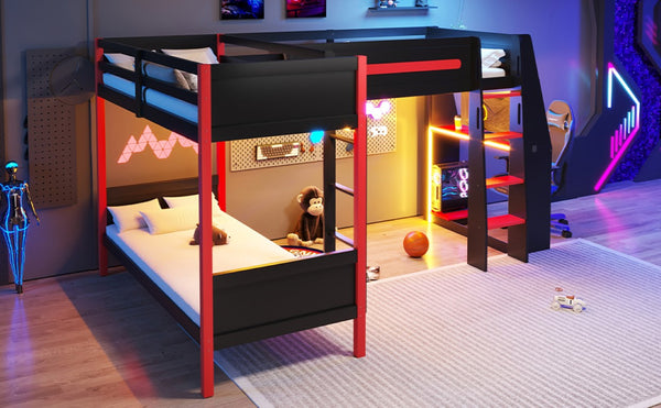 English Elm L-Shaped Twin Bunk Bed with Gaming Loft Built-In Desk LED Strip and Shelves N7090005018B