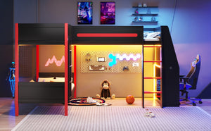 English Elm L-Shaped Twin Bunk Bed with Gaming Loft Built-In Desk LED Strip and Shelves N7090005018B