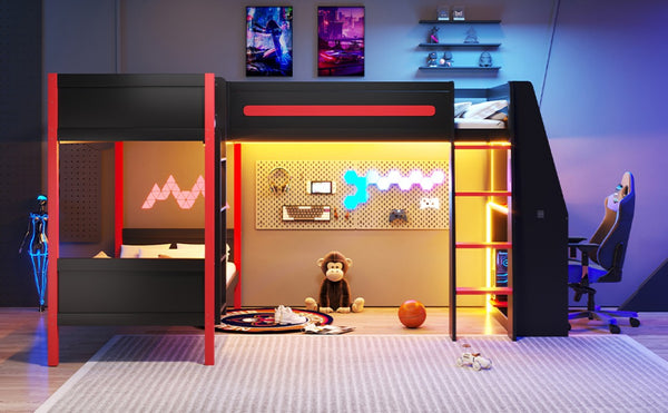 English Elm L-Shaped Twin Bunk Bed with Gaming Loft Built-In Desk LED Strip and Shelves N7090005018B