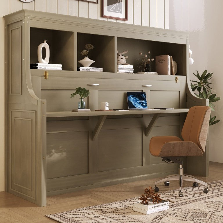 English Elm Twin Murphy Wall Bed with Fold Down Desk and Open Shelving for Studio Spaces Gray N7090005019E
