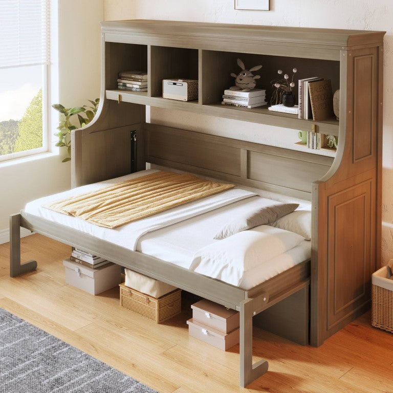 English Elm Twin Murphy Wall Bed with Fold Down Desk and Open Shelving for Studio Spaces Gray N7090005019E