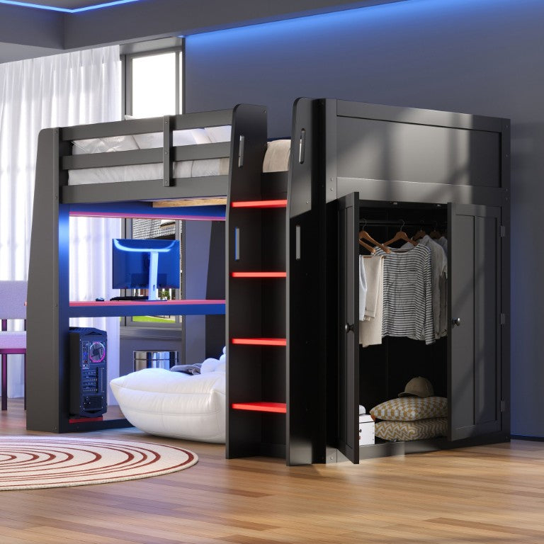English Elm Full Size High Loft Bed with Integrated Desk LED Lighting Wardrobe and Stair Shelving N7090005053B