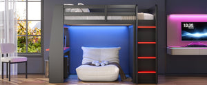 English Elm Full Size High Loft Bed with Integrated Desk LED Lighting Wardrobe and Stair Shelving N7090005053B