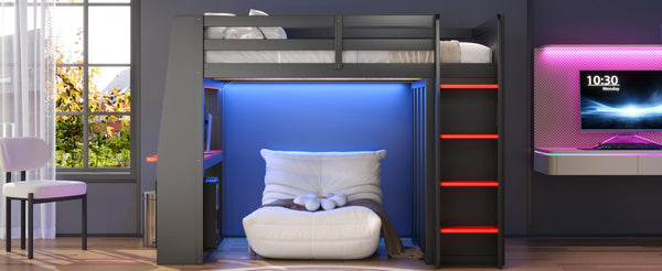 English Elm Full Size High Loft Bed with Integrated Desk LED Lighting Wardrobe and Stair Shelving N7090005053B