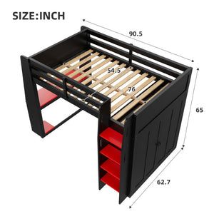 English Elm Full Size High Loft Bed with Integrated Desk LED Lighting Wardrobe and Stair Shelving N7090005053B