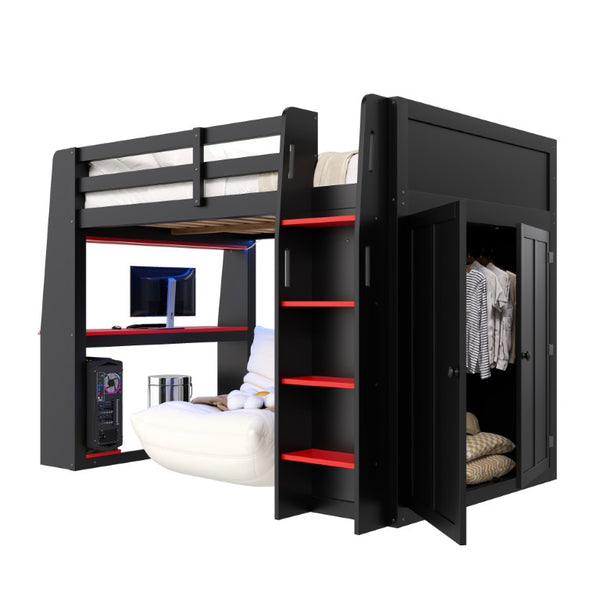 English Elm Full Size High Loft Bed with Integrated Desk LED Lighting Wardrobe and Stair Shelving N7090005053B