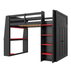 English Elm Full Size High Loft Bed with Integrated Desk LED Lighting Wardrobe and Stair Shelving N7090005053B