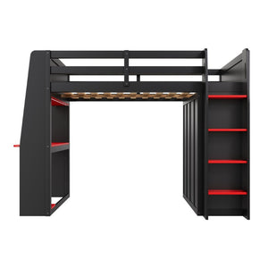 English Elm Full Size High Loft Bed with Integrated Desk LED Lighting Wardrobe and Stair Shelving N7090005053B