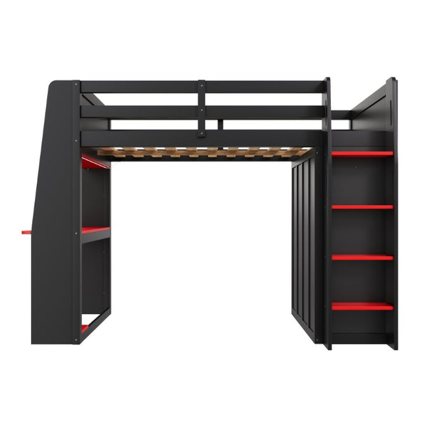 English Elm Full Size High Loft Bed with Integrated Desk LED Lighting Wardrobe and Stair Shelving N7090005053B