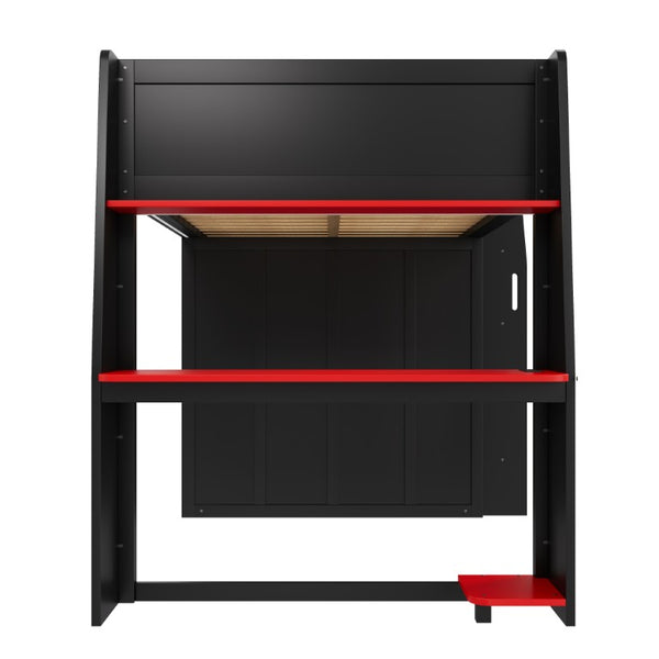 English Elm Full Size High Loft Bed with Integrated Desk LED Lighting Wardrobe and Stair Shelving N7090005053B