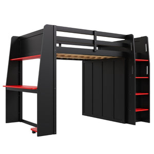 English Elm Full Size High Loft Bed with Integrated Desk LED Lighting Wardrobe and Stair Shelving N7090005053B