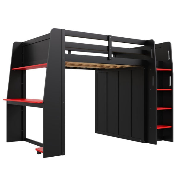 English Elm Full Size High Loft Bed with Integrated Desk LED Lighting Wardrobe and Stair Shelving N7090005053B