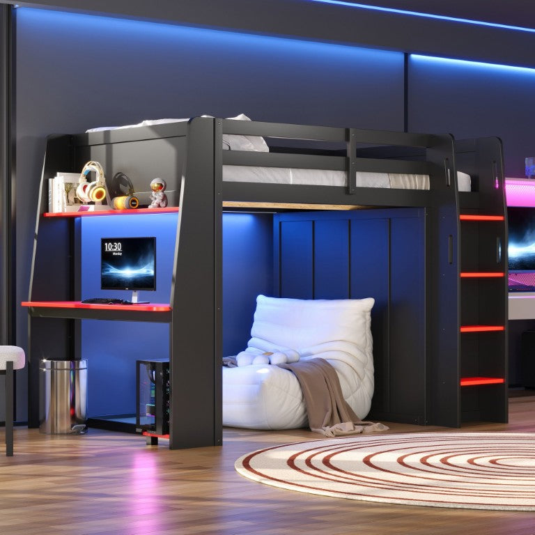 English Elm Full Size High Loft Bed with Integrated Desk LED Lighting Wardrobe and Stair Shelving N7090005053B