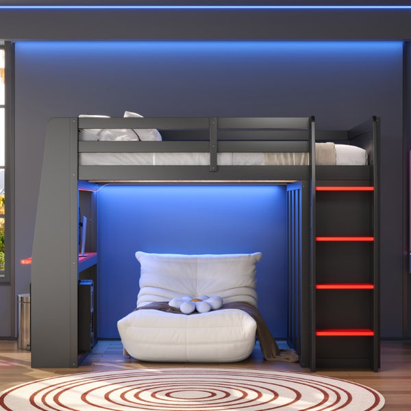 English Elm Full Size High Loft Bed with Integrated Desk LED Lighting Wardrobe and Stair Shelving N7090005053B