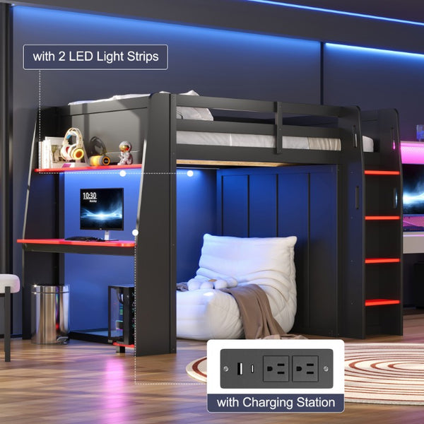 English Elm Full Size High Loft Bed with Integrated Desk LED Lighting Wardrobe and Stair Shelving N7090005053B