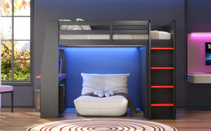 English Elm Full Size High Loft Bed with Integrated Desk LED Lighting Wardrobe and Stair Shelving N7090005053B