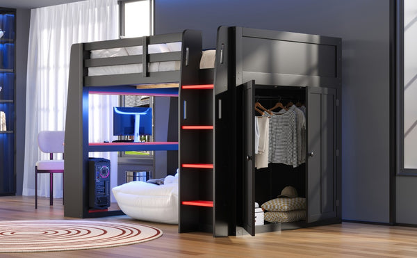 English Elm Full Size High Loft Bed with Integrated Desk LED Lighting Wardrobe and Stair Shelving N7090005053B