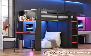 English Elm Full Size High Loft Bed with Integrated Desk LED Lighting Wardrobe and Stair Shelving N7090005053B