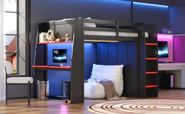 English Elm Full Size High Loft Bed with Integrated Desk LED Lighting Wardrobe and Stair Shelving N7090005053B