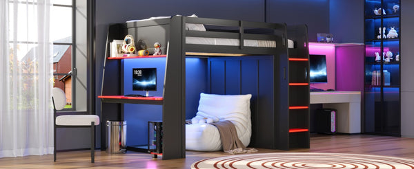 English Elm Full Size High Loft Bed with Integrated Desk LED Lighting Wardrobe and Stair Shelving N7090005053B
