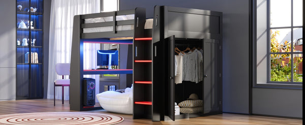 English Elm Full Size High Loft Bed with Integrated Desk LED Lighting Wardrobe and Stair Shelving N7090005053B