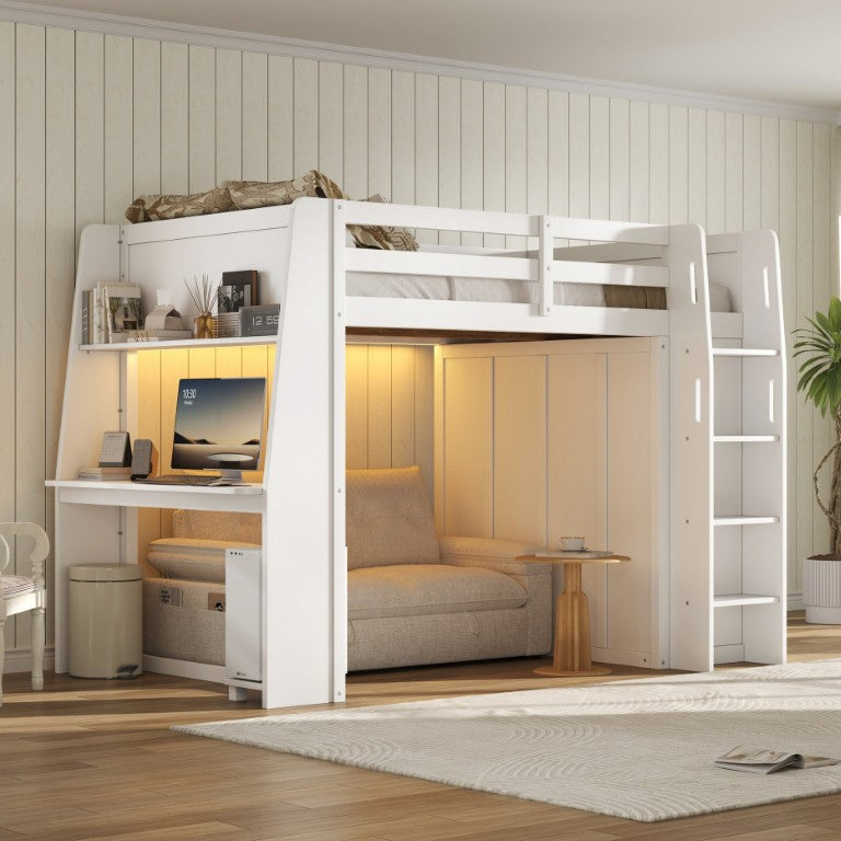English Elm Full Size Murphy Wall Bed with Integrated Desk Open Shelving and Cabinet Storage High Loft Bed with Desk and Wardrobe White N7090005053K