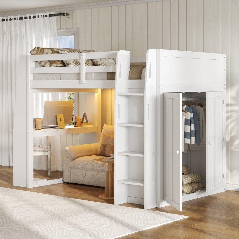 English Elm Full Size Murphy Wall Bed with Integrated Desk Open Shelving and Cabinet Storage High Loft Bed with Desk and Wardrobe White N7090005053K