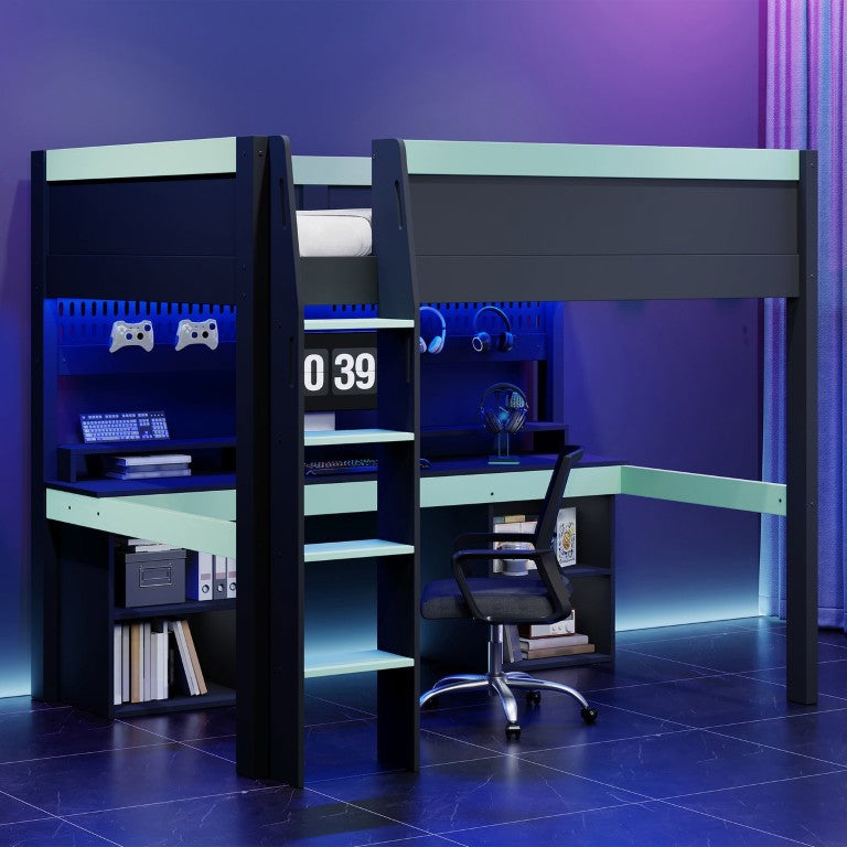 English Elm Full Size Gaming Loft Bed with LED Lights Pegboard Desk and Open Storage Shelving Black+Blue N7090005054C