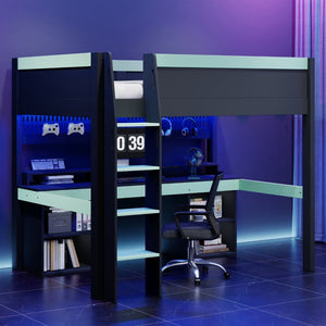 English Elm Full Size Gaming Loft Bed with LED Lights Pegboard Desk and Open Storage Shelving Black+Blue N7090005054C