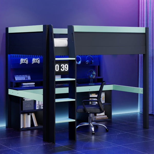 English Elm Full Size Gaming Loft Bed with LED Lights Pegboard Desk and Open Storage Shelving Black+Blue N7090005054C