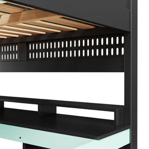 English Elm Full Size Gaming Loft Bed with LED Lights Pegboard Desk and Open Storage Shelving Black+Blue N7090005054C